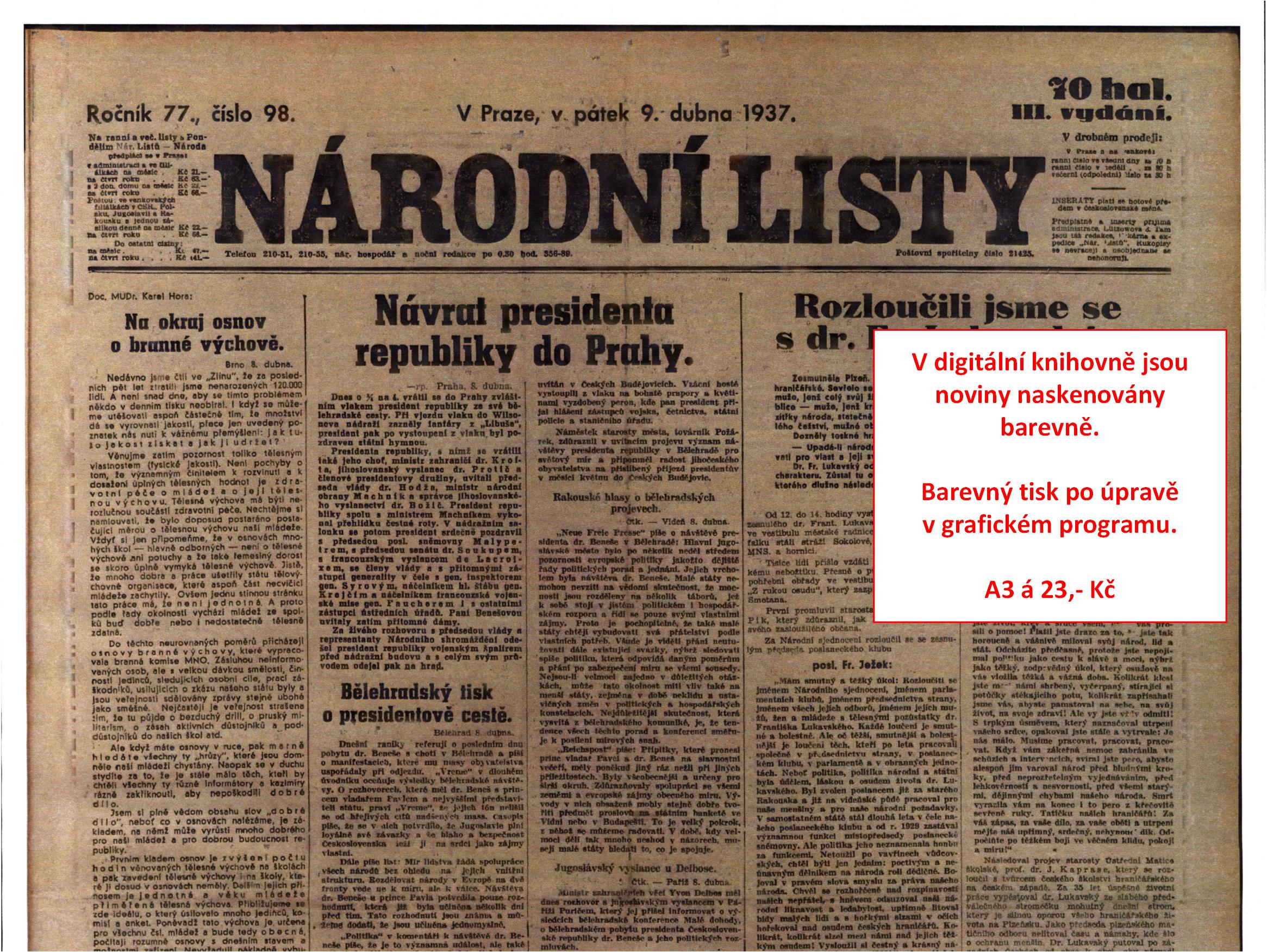  Kramerius - vzorek - barevný tisk barevně naskenovaných novin